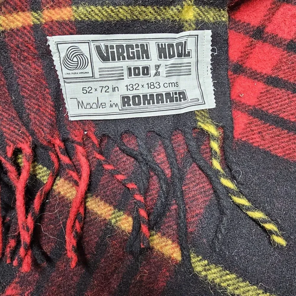 Made In Romania 100% Virgin Wool Throw Blanket Red Black Yellow Tartan Plaid EUC